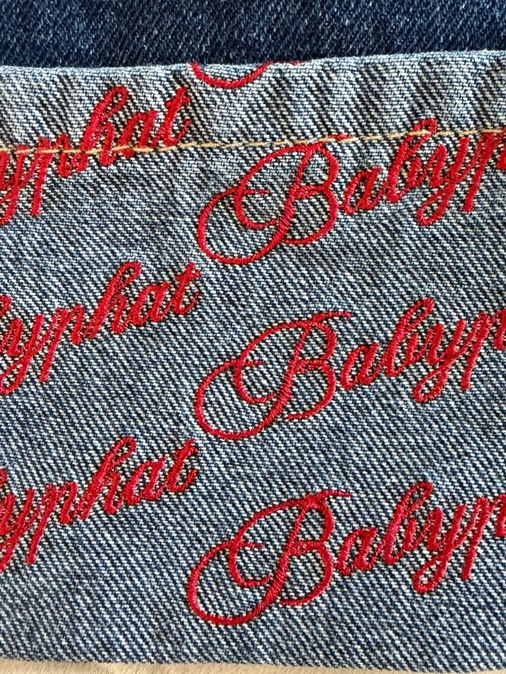 NEW Baby Phat Denim Skirt Y2K Inspo Red Embroidered Logo Hem Cat McBling Medium - Picture 5 of 10